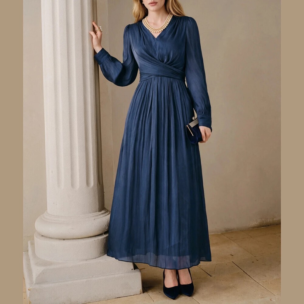 Navy Blue Criss-Cross Wrap Front V Neck Long Sleeve Maxi Dress